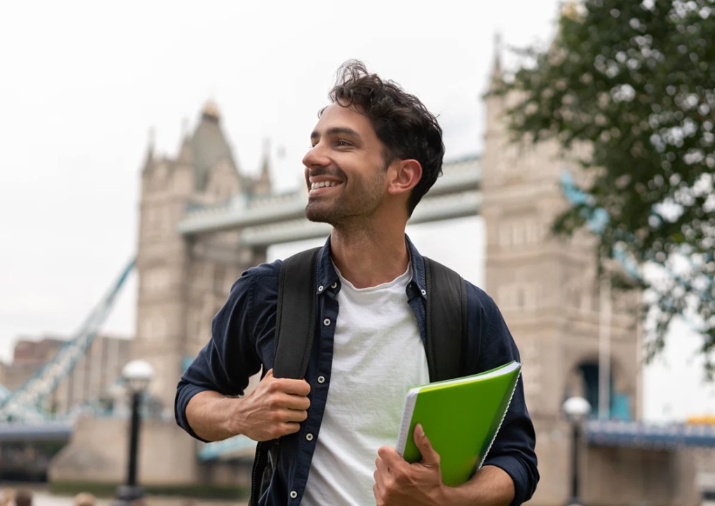 Student walking through international campus